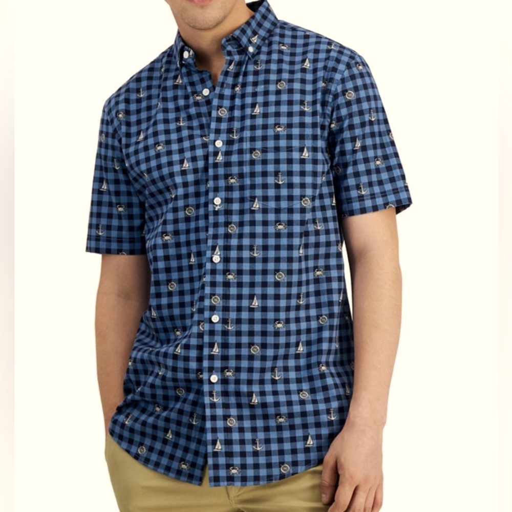 Club Room Men’s Peter Classic-Fit Maritime-Print Check Button-Down Poplin Shirt